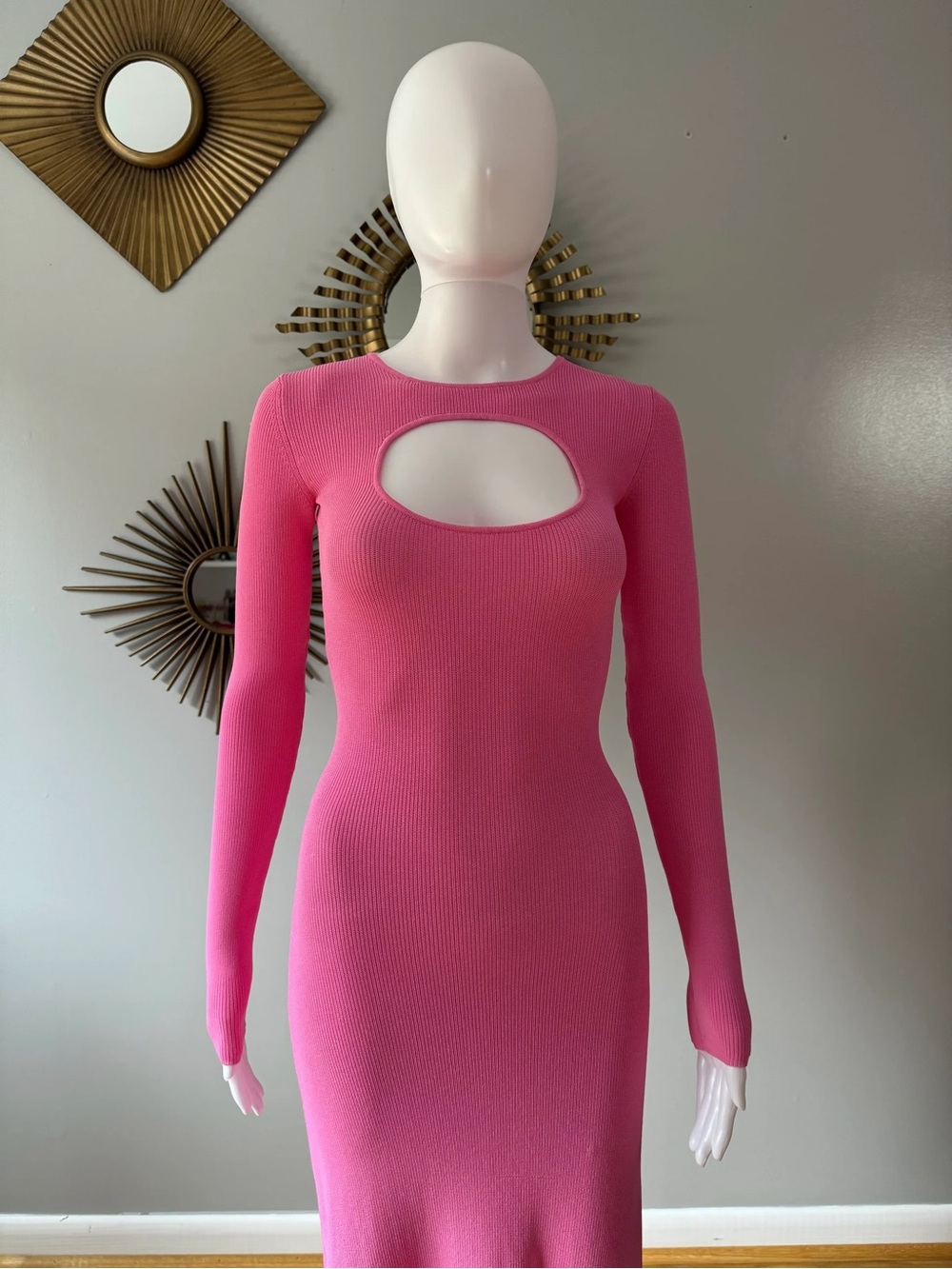 Zara Pink Ribbed Long-Sleeve Cutout Dress
